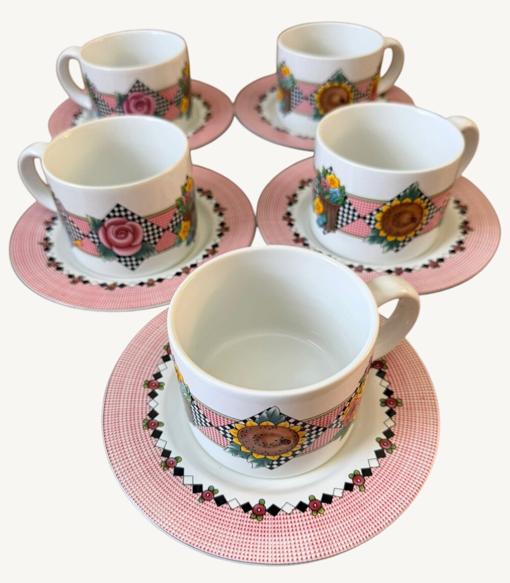 Sakura Mary Engelbreit Garden Time 1994 Cups & Saucers Set of 5 Stoneware